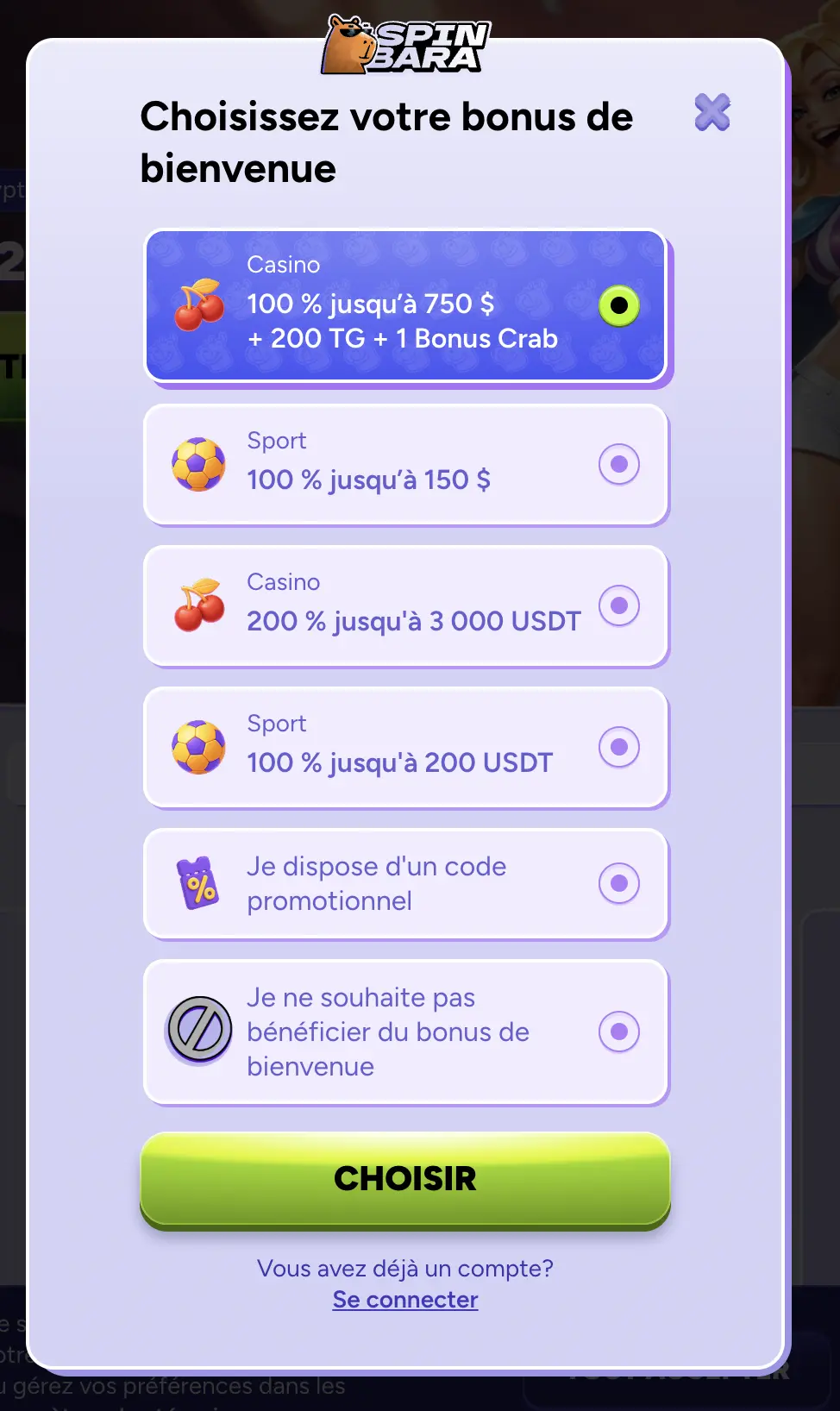 Inscription au Spinbara casino